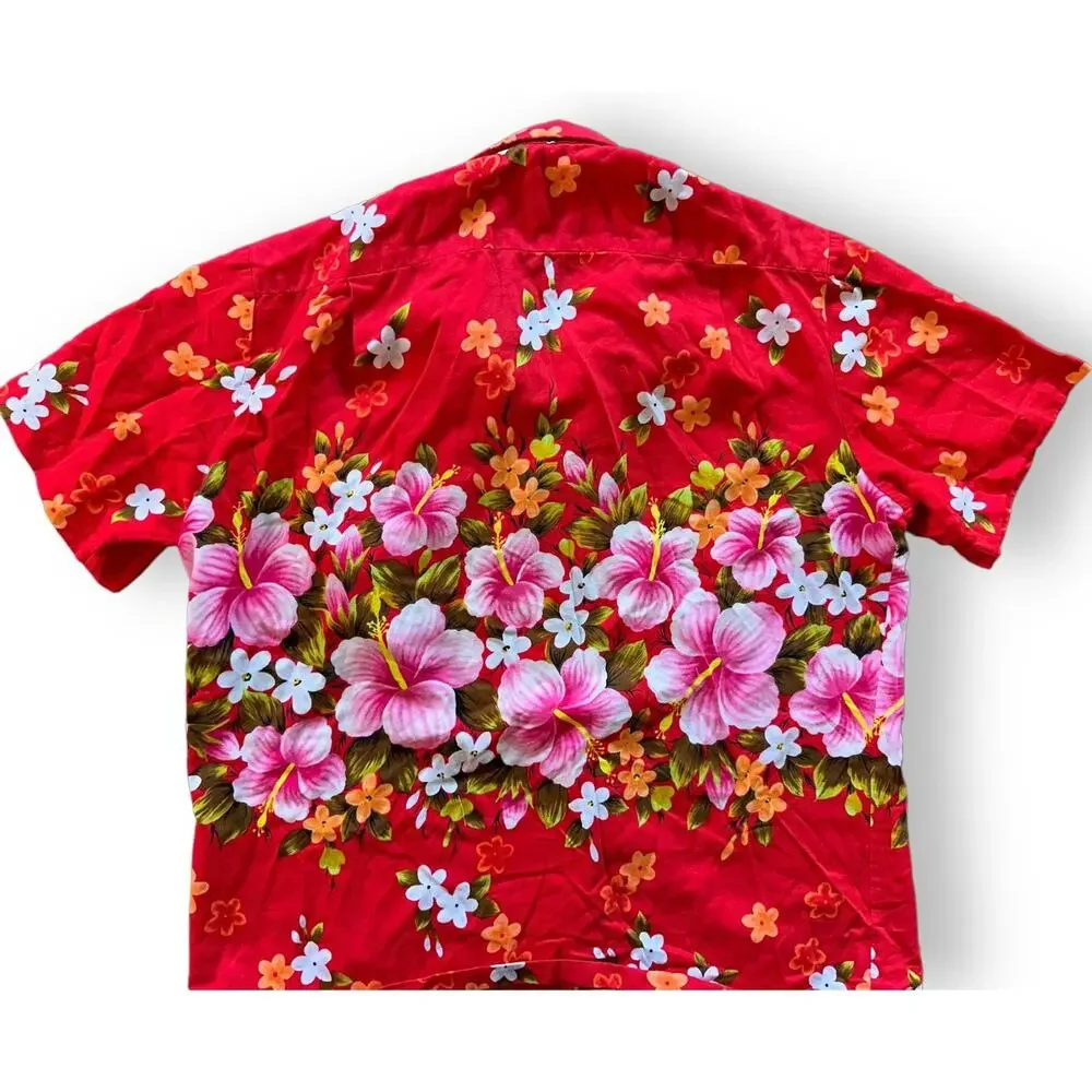 1960s Ui Maikai Hawaii Shirt Buttton Down Red Floral Aloha Hawaiian M